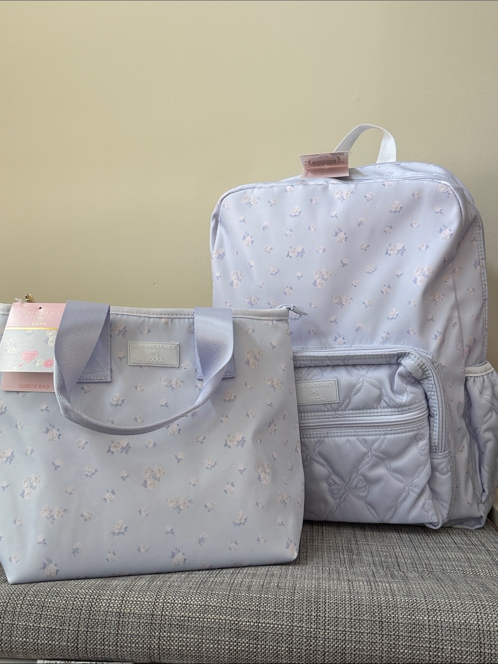 LoveShackFancy Yoobi Everblooming Rosettes Ditsy Backpack lunch bag breezy blue